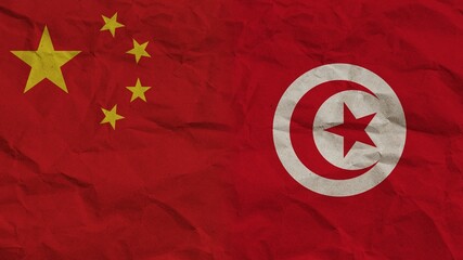 Tunisia and China Flags Together, Crumpled Paper Effect Background 3D Illustration