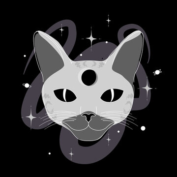 Kocia głowa na czarnym tle. Szary mistyczny kot z symbolem księżyca. Wektorowa gotycka magiczna ilustracja do druku na kartkach, koszulkach, ścianach lub jako grafika do postów lub social media story.