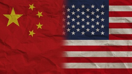 United States of America and China Flags Together, Crumpled Paper Effect Background 3D Illustration
