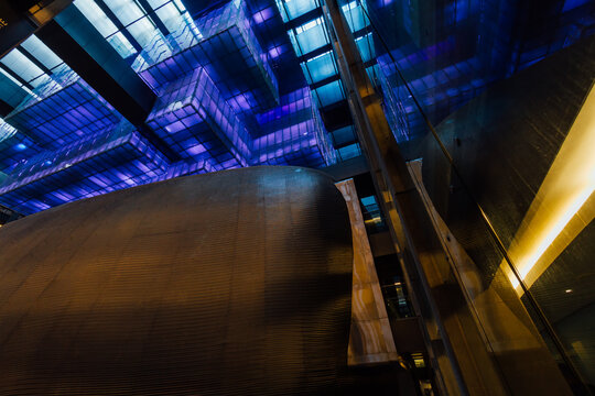 Buenos Aires, Argentina - April 28, 2017: Ceilings with cubes of colors in hollow of a building with metallic mesh vault in the Kirchner Cultural Center (CCK)