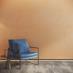 Blue chair in the room front of the orange blank wall