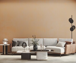 Modern living room with furniture front of  orange empty wall