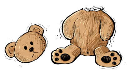 Teddy bear with torn of head, vector, color