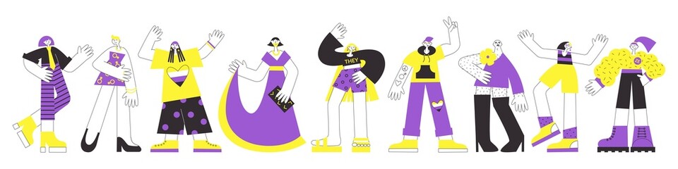Group of non-binary people in colours of NB flag (yellow, purple). LGBTQ diversity and pride vector flat illustration concept set. Transgender and genderqueer person rights.