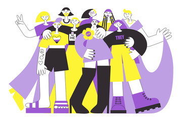 Group of non-binary people in colours of NB flag (yellow, purple). LGBTQ diversity and pride vector flat illustration concept set. Genderfluid and genderqueer person rights.