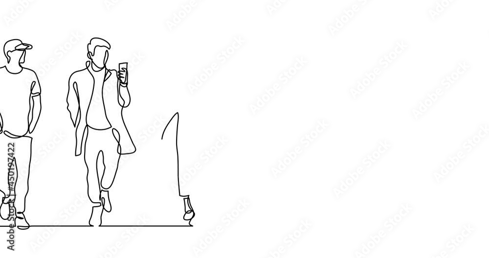 Poster self drawing continuous line animation of group of various positive diverse people standing in a row