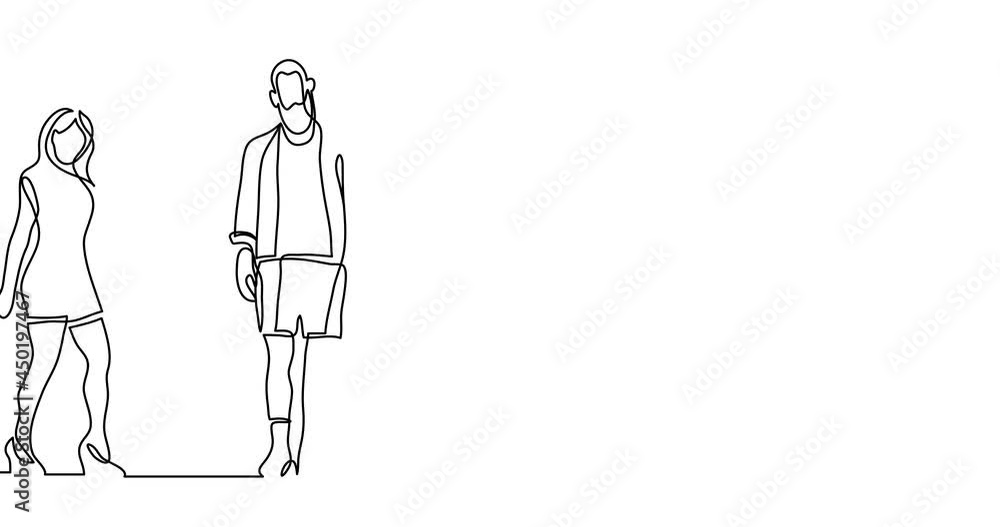 Poster self drawing continuous line animation of various positive diverse people standing in a row