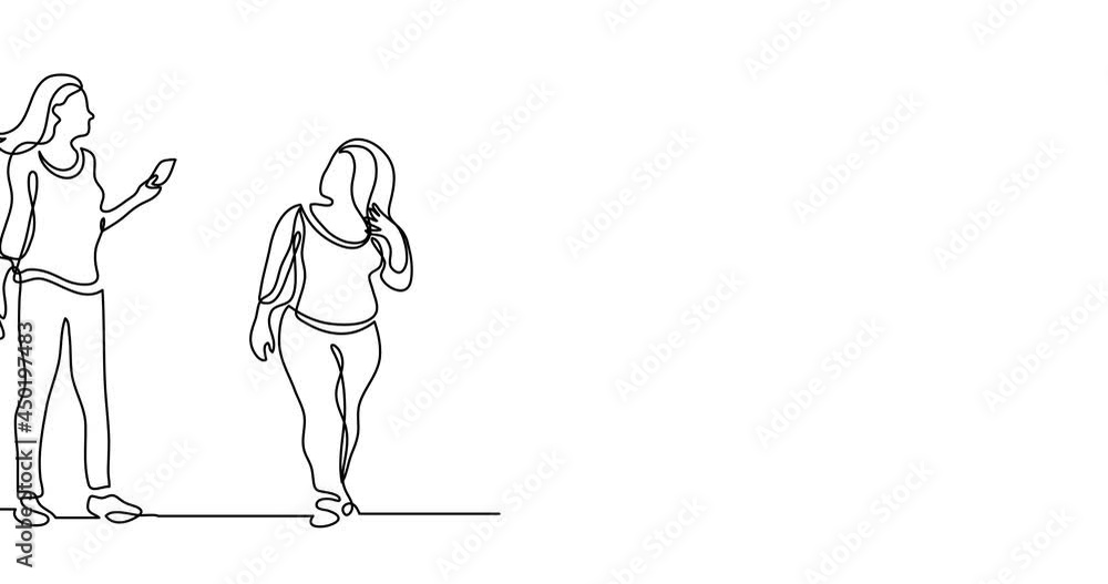 Poster self drawing continuous line animation of various positive diverse people standing in a row