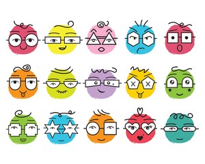 Cute colorful abstract emoticons faces with geometrical shapes eyeglasses and different emotions round icons set on white background