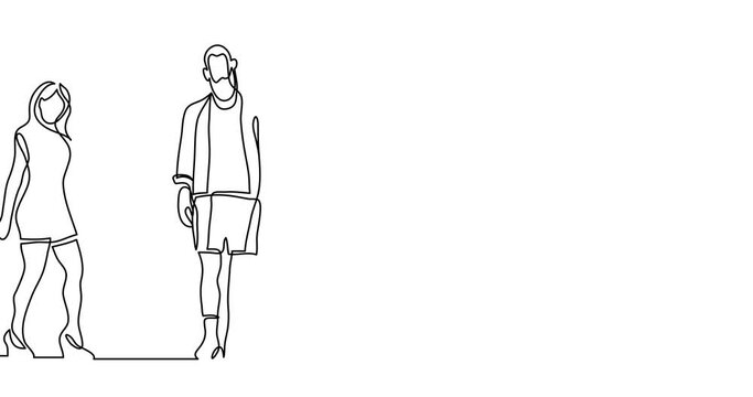 Self drawing continuous line animation of various positive diverse people standing in a row