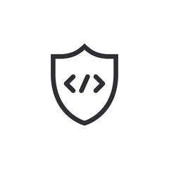 Shield icon. Protection icon. Safety system. Protection activated. Active safety. Virus protection. Guard badge. Guard symbol. Safe coding. Protection program code. Software development. Programming.