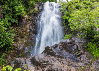 Fototapeta premium Beautiful front shot of the third Tepalo Waterfall in Ajijic Mexico. 