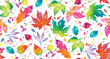 Fototapeta na wymiar Pretty, autumn leaves in bright colors scattered across a white background. This pattern repeats seamlessly and celebrates the colors of fall.