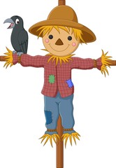 Cartoon funny scarecrow with crow bird - obrazy, fototapety, plakaty