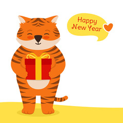 Christmas card with Tiger mascot new year. Animal tiger with surprise Gift Box cartoon flat postcard. Banner comic cute stripe big cat, clipart symbol Happy New year vector
