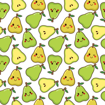 Cute kawaii sweet pear seamless pattern organic healthy fruit background
