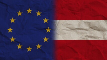 Austria and European Union Flags Together, Crumpled Paper Effect Background 3D Illustration