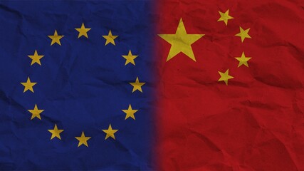 China and European Union Flags Together, Crumpled Paper Effect Background 3D Illustration