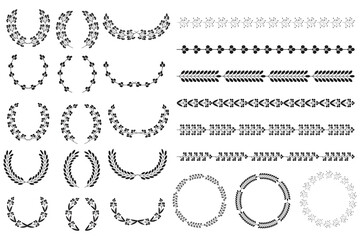 Obraz premium Wreaths spikelets set pattern for decorative design. Ear icon. Floral branch. Wedding decoration. Vector illustration. Stock image.