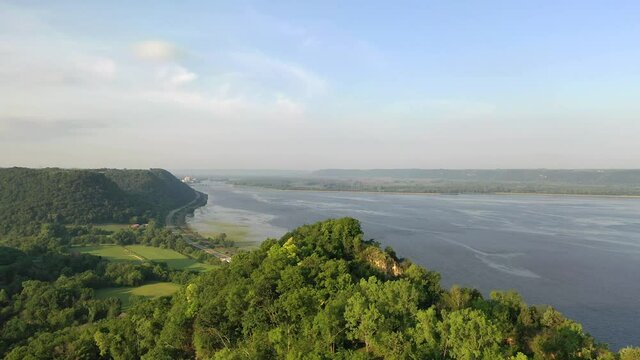 Bluff top views along the Mississippi River. Minnesota Wisconsin state border. Aerial view. Day, summer
