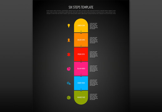 Six Simple Vertical Colorful Steps Process Infographic Layout on Dark Background