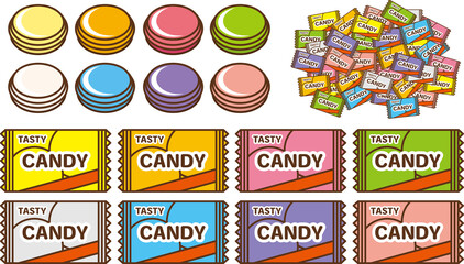 Lots of colorful candy sets.