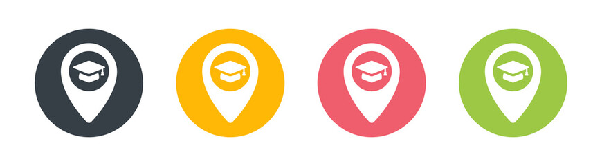 Graduation hat on map marker icon symbol of education place, school, college, campus or university.