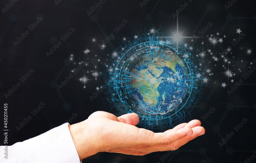 Poster businessman holding earth and global networking connection and data exchanges, global communication 