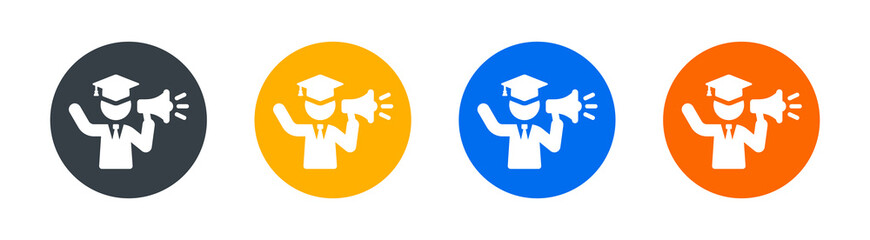 Student holding megaphone icon. Student promoting and advertising for university icon sign.