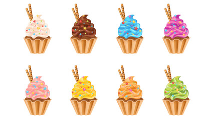 Realistic vector Cupcakes set. Colorful cakes collection. Vanilla, chocolate, strawberries, caramel, lemon, kiwi.