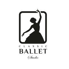 Vintage Classic Logo Style for Ballet Studio Logo Design. With Woman in ballet suit on a black background. Luxury and Premium Logo