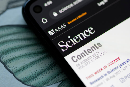 Portland, OR, USA - Aug 10, 2021: Closeup of the homepage of Science Magazine on a smartphone. Science is the peer-reviewed academic journal of the American Association for the Advancement of Science.