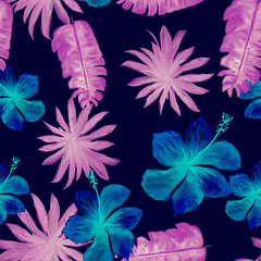 Pink Seamless Nature. Indigo Pattern Vintage. Violet Tropical Vintage. Purple Flower Illustration. Cobalt Decoration Foliage. Azure Watercolor Exotic. Banana Leaves.