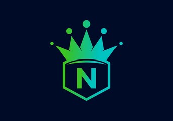 Green blue gradient color of N initial letter in frame with crown
