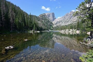 Dream Lake in Rocky Mountain National Park, Colorado on calm sunny summer morning..
