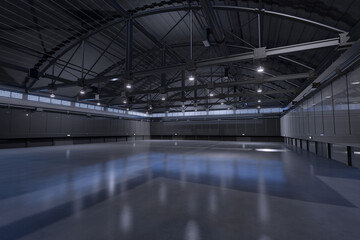 Naklejka premium Empty hall exhibition centre. The backdrop for exhibition stands, booth elements.Conversation centre for the conference.Big Arena for entertainment,concert, event. Indoor stadium for sports.3d render.