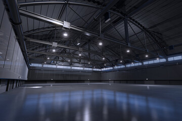 Empty hall exhibition centre. The backdrop for exhibition stands, booth elements.Conversation centre for the conference.Big Arena for entertainment,concert, event. Indoor stadium for sports.3d render.