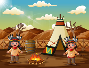 Two american indians cartoon with teepees in tribal location © dreamblack46