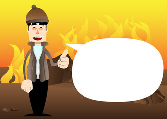 Funny cartoon man dressed for winter making thumbs up sign. Vector illustration.