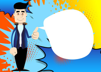 Funny cartoon man dressed for winter making thumbs up sign. Vector illustration.