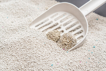 clumping Bentonite Cat Litter on white scoop