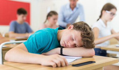 Fototapeta premium Pupils sitting in class and listening carefully, but one boy sleeping on desk in foreground.