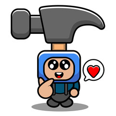 vector cartoon character doodle costume cute hammer tool mascot with love chat bubble