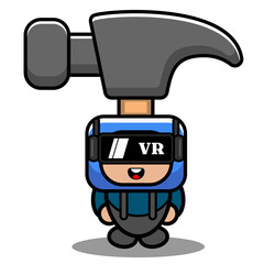 vector cartoon character doodle mascot costume cute hammer tool wearing virtual reality glasses