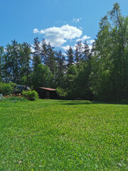 A short-cropped lawn, a small wooden house in the distance against the background of trees and blue sky.