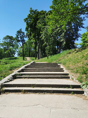 A view from below of a wide stone staircase in the Summer Garden of the city of Kronstadt against the background of a cloudless sky