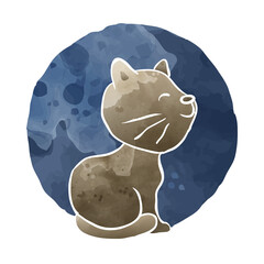 Moon Little Cat Kitten Sitting Smiling Artistic Watercolor Art Style Illustration