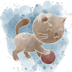 Cute Little Cat Kitten Playing Ball Artistic Watercolor Art Style Illustration
