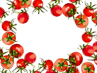 水彩厚塗りの赤プチトマトイラスト・楕円囲みフレーム