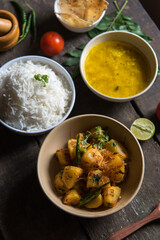 Cooked Indian food items background. Close up, selective focus.